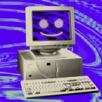Retro computer with a smiling face on the screen and a swirling blue and purple background.
