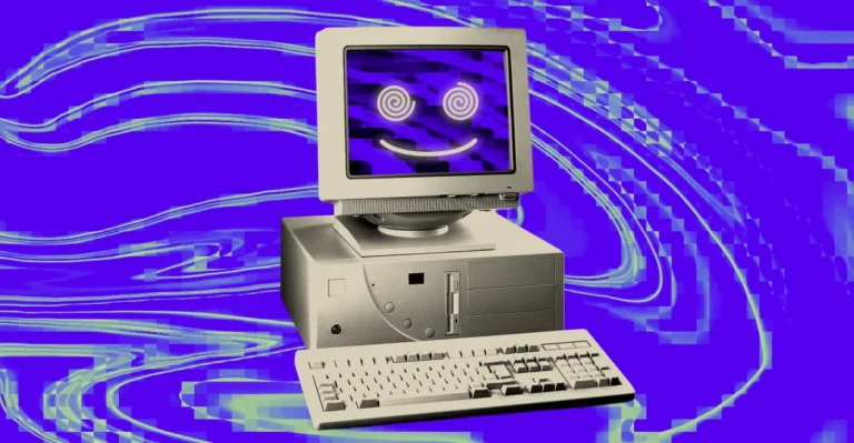 Retro computer with a smiling face on the screen and a swirling blue and purple background.