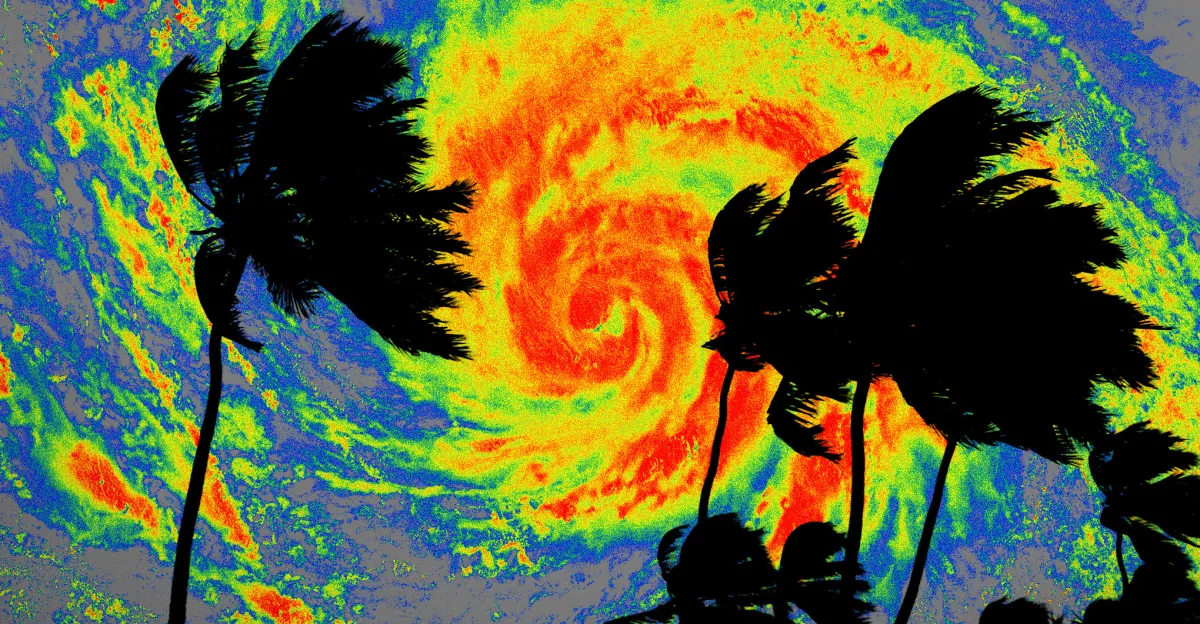 Palm trees silhouetted against a colorful infrared satellite image of a swirling hurricane.